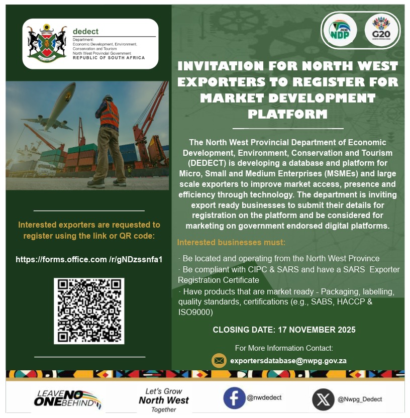 📢 Call for Export-Ready Businesses

The DEDECT is developing a digital platform to help MSMEs and exporters expand market access and visibility.

Export-ready businesses are invited to register for the Market Development Platform on the following link:👇

forms.office.com/r/gNDzssnfa1
