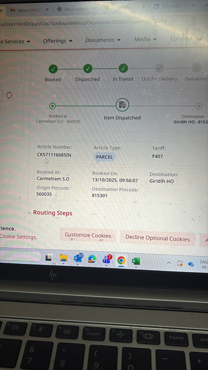 aca_ankush's tweet image. We couriered parcel on 13/10/25 from Bangalore to Giridih.(CK571116685IN). However, parcel has not yet been delivered, the last update was on 16/10/25, also raised complaint on 23/10/25(comp no. 2232673155), but have not received any update.Please look into this.@IndiaPostOffice