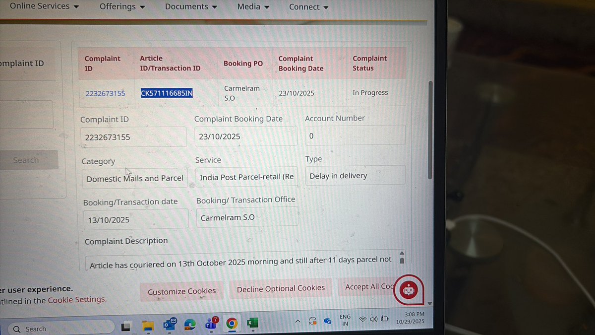 aca_ankush's tweet image. We couriered parcel on 13/10/25 from Bangalore to Giridih.(CK571116685IN). However, parcel has not yet been delivered, the last update was on 16/10/25, also raised complaint on 23/10/25(comp no. 2232673155), but have not received any update.Please look into this.@IndiaPostOffice