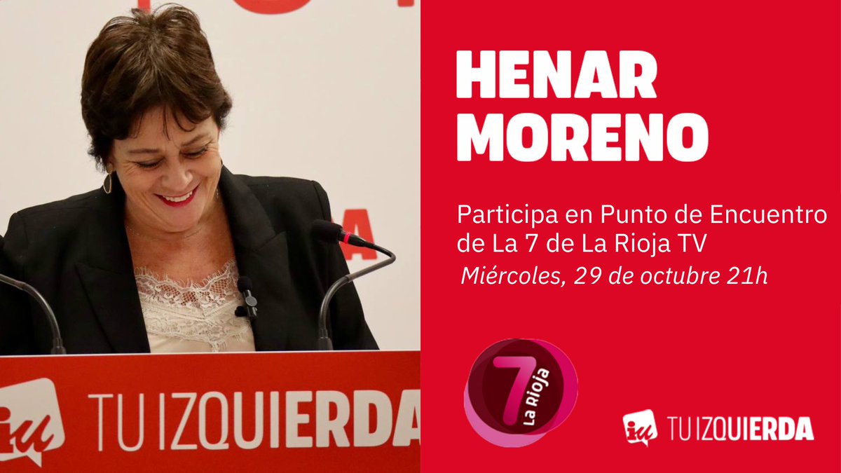 🔴 Esta noche, nuestra diputada <a href="/Henarmore/">Henar Moreno🔻🇵🇸</a> estará en ‘Punto de encuentro’ para debatir sobre la actualidad política. 
➡️ A partir de las 21h
➡️ En <a href="/7LariojaTV/">La 7 de La Rioja TV</a>