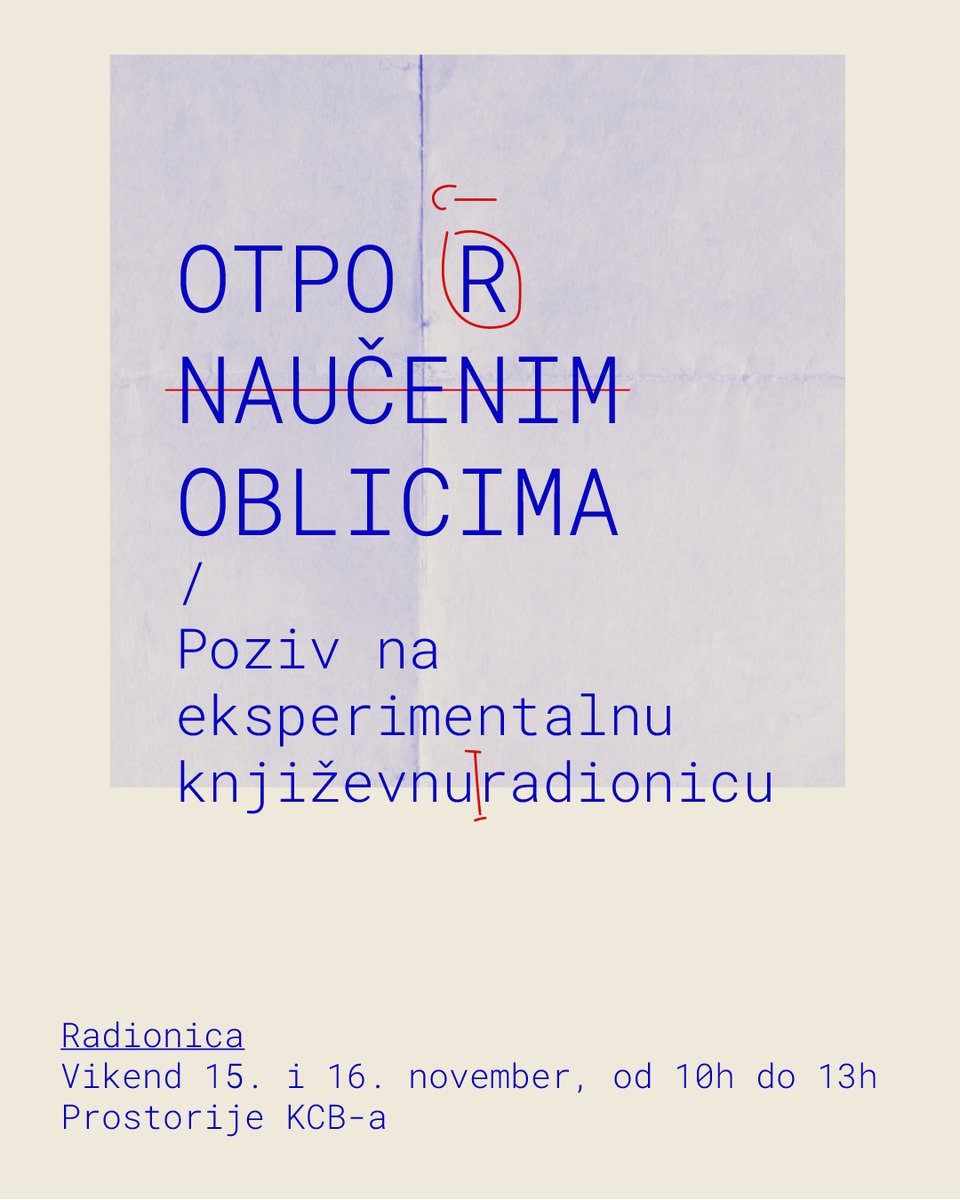➔ Eksperimentalna književna radionica

Dvodnevna radionica za autore i autorke održaće se u Kulturnom centru Beograda, tokom vikenda 15. i 16. novembra, od 10h do 13h tokom oba dana. Vode je urednici Uroš Kotlajić i Maša Seničić.

Inforamcije > kcb.org.rs/2025/11/pristu…