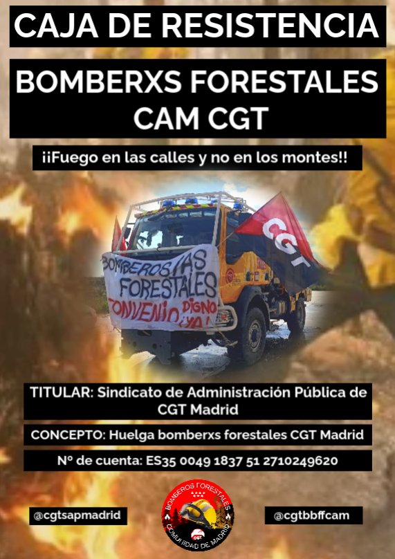 🚩🏴LA LUCHA CONTINÚA🚩🏴
SIGUE COMPARTIENDO TU SOLIDARIDAD CON NOSOTRXS💥💥💥
GRACIAS POR LAS APORTACIONES RECIBIDAS HASTA EL MOMENTO 💥💥💥
#BomberosForestalesCMEnLucha 
#BastaYa
#HuelgaIndefinida 
#BomberosForestalesCM