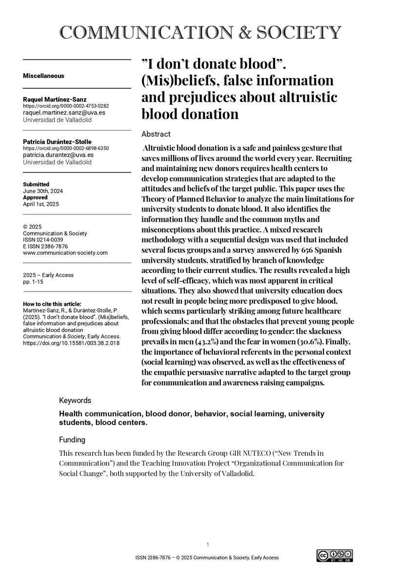 JournalCommSoc's tweet photo. 📄”«I don’t donate blood». (Mis)beliefs, false information and prejudices about altruistic blood donation” by @raquelenUVa &amp; @pdurantez 

https://t.co/PGzqYU3mJn

#OpenAccess #Communication #Academic #Health #BloodDonation https://t.co/lGIcUR77fA