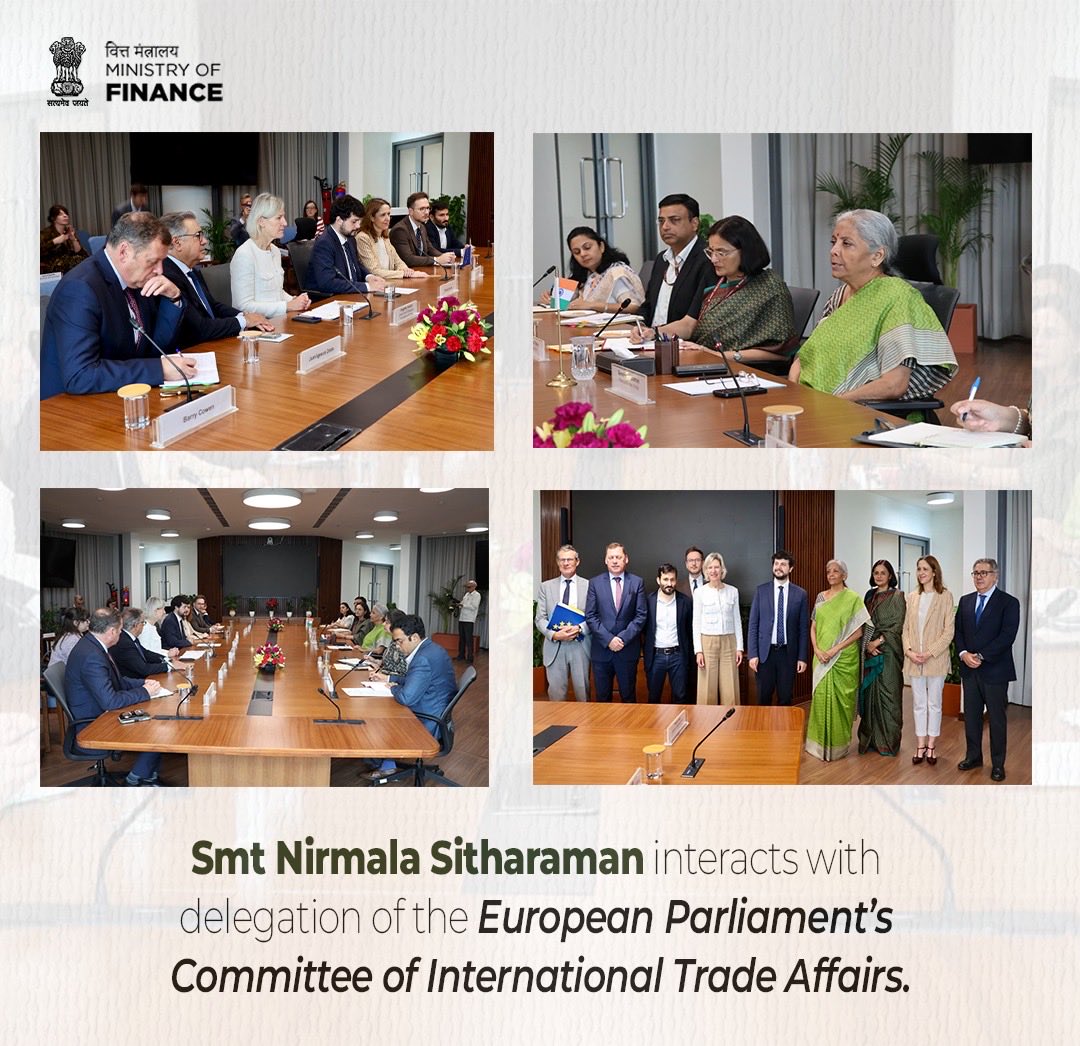 FinMinIndia's tweet image. Union Minister for Finance and Corporate Affairrs Smt. @nsitharaman met the Committee on International Trade Affairs #INTA from the European Parliament  @Europarl_EN, in New Delhi, today. 

The discussion with the delegation focused on enhancing India–EU trade and investment