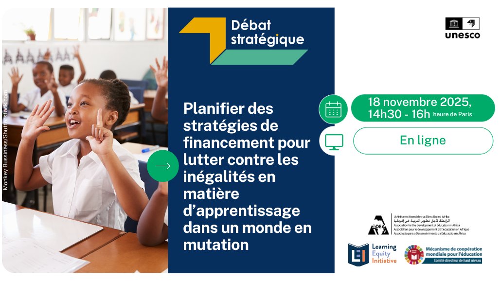Inscrivez-vous au prochain  #StrategicDebate « Planifier des stratégies de financement pour lutter contre les inégalités en matière d’apprentissage dans un monde en mutation » !

🗓️18 Novembre

🔗bit.ly/3J5SYJS

🤝<a href="/ADEAnet/">ADEA</a>, Learning Equity Initiative &amp; <a href="/Education2030UN/">Education 2030</a>