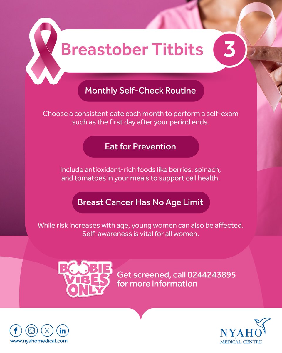 No matter your age, self-awareness saves lives. 🎀
Do monthly self-checks, eat for prevention, and stay informed. Breast cancer has no age limit.

Get screened today, call 0244243895 for more information.

#BoobieVibesOnly #BreastoberTitbits #Nyaho