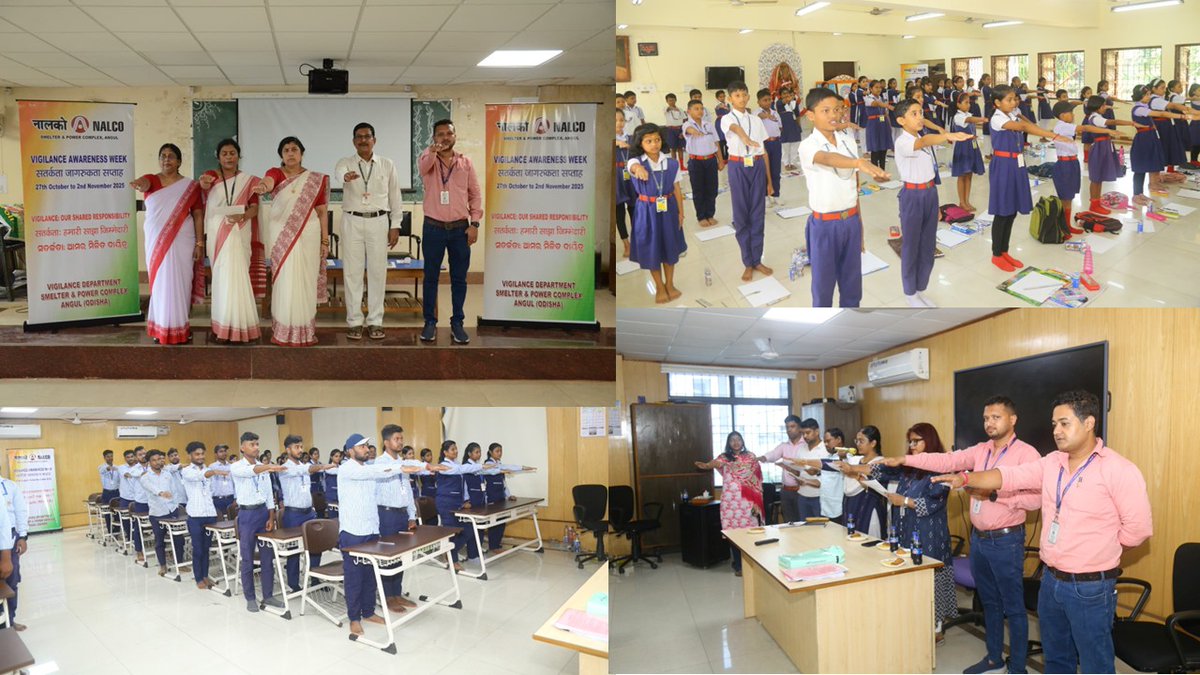 NALCO_India's tweet photo. As part of #VigilanceAwarenessWeek2025, Vigilance Department, S&P Complex, #Angul, organized #Drawing, #Essay, #Elocution, and #Quiz competitions for students of periphery #schools and colleges on the theme “Vigilance: Our Shared Responsibility.” The #IntegrityPledge was also administered to participants and staff, reinforcing the message of #integrity and #accountability. @kishanreddybjp @satishdubeyy @MinesMinIndia @DPE_GoI @mygovindia @CVCIndia #VigilanceAwareness #Integrity #Transparency #Accountability #EthicalGovernance #TeamNALCO