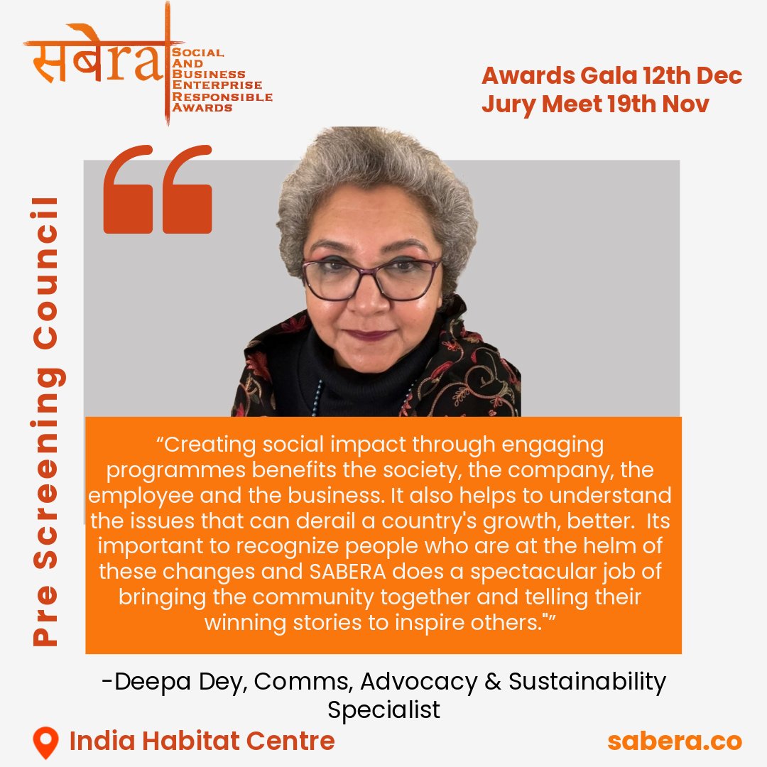 🌿 Honoured to welcome Deepa Dey, Comms, Advocacy &amp; Sustainability Specialist, to the सबेरा SABERA™ 2025 Pre-Screening Council!

🗣️ “Creating social impact benefits society, business &amp; people. SABERA brings these stories to life — inspiring others to lead with purpose.”

#SABERA