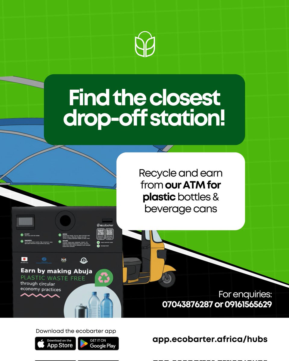 Locate the closest ecobarter ATM to return and get cash back for your used plastic bottles and beverage cans.
App.ecobarter.africa/hubs

Be a part of the solution, not the pollution!