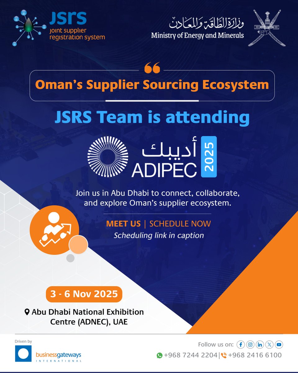 JSRS_Oman's tweet image. Excited to be part of @ADIPECOfficial
Meet the #JSRS Team in Abu Dhabi (3–6 Nov) to explore Oman’s Supplier Sourcing Ecosystem,driving transparency, compliance &amp;amp; growth across the Energy &amp;amp; Industrial sectors.
Schedule a meeting: lnkd.in/deKfwb4W

#OmanEnergy #TradeWithOman
