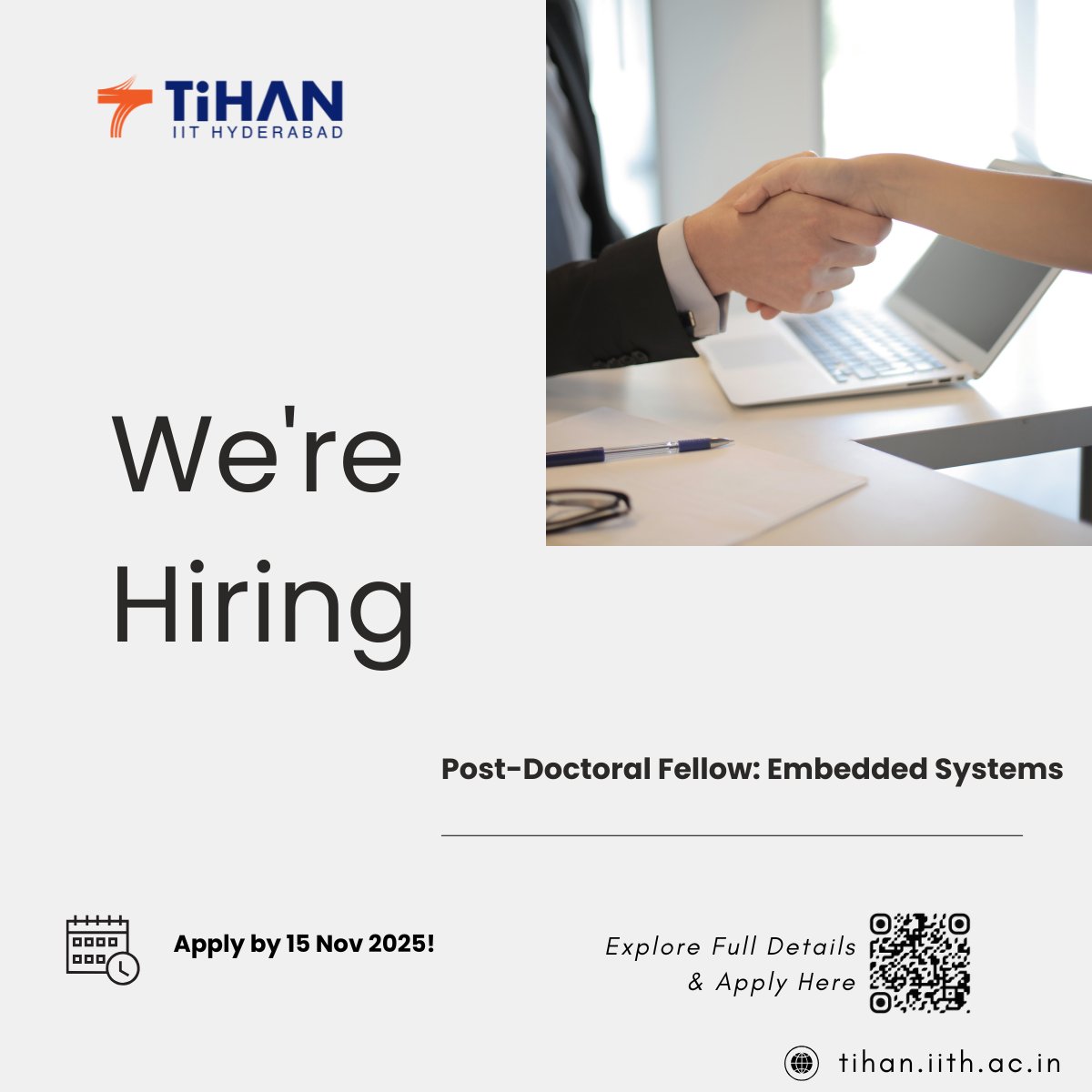 IitTihan's tweet image. Now Hiring! 🚀
Post-Doctoral Fellow – Embedded Systems @ TiHAN, IIT Hyderabad
Work on real-time systems for Autonomous Drones &amp;amp; Vehicles
💰 ₹55,000/month | 📍IIT Hyderabad
Apply 👉 [tihan.iith.ac.in/pdf%20JD.html]
#EmbeddedSystems #AutonomousTech #IITHyderabad #Hiring #PostDoc