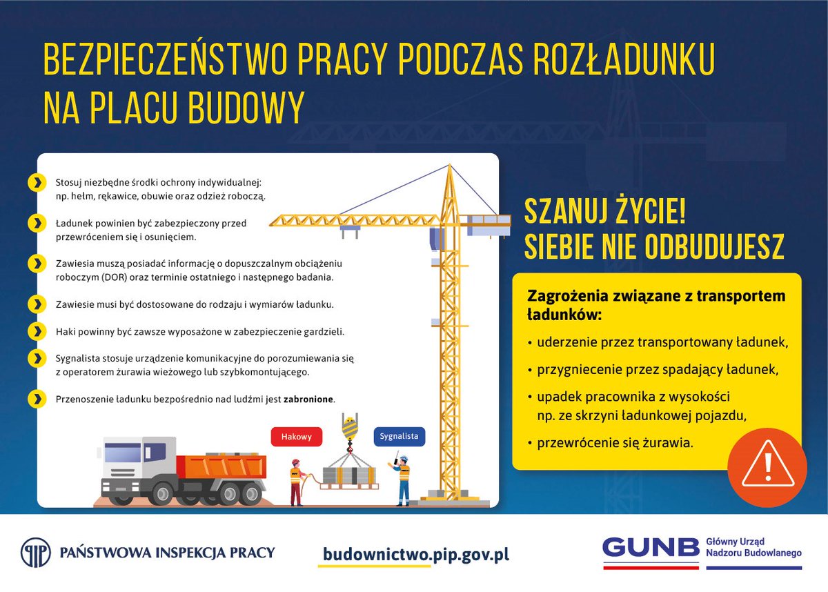 „Bezpieczna budowa” to akcja <a href="/GUNB_Urzad/">Główny Urząd Nadzoru Budowlanego</a> i <a href="/pipgip/">Główny Inspektorat Pracy</a> skierowana do branży budowlanej.
Część 11: Bezpieczeństwo pracy podczas rozładunku na placu budowy. 
➡️zapraszamy w środy
Udostępnij, jeśli pracujesz w branży budowlanej.
👉Więcej na linkedin.com/feed/update/ur…