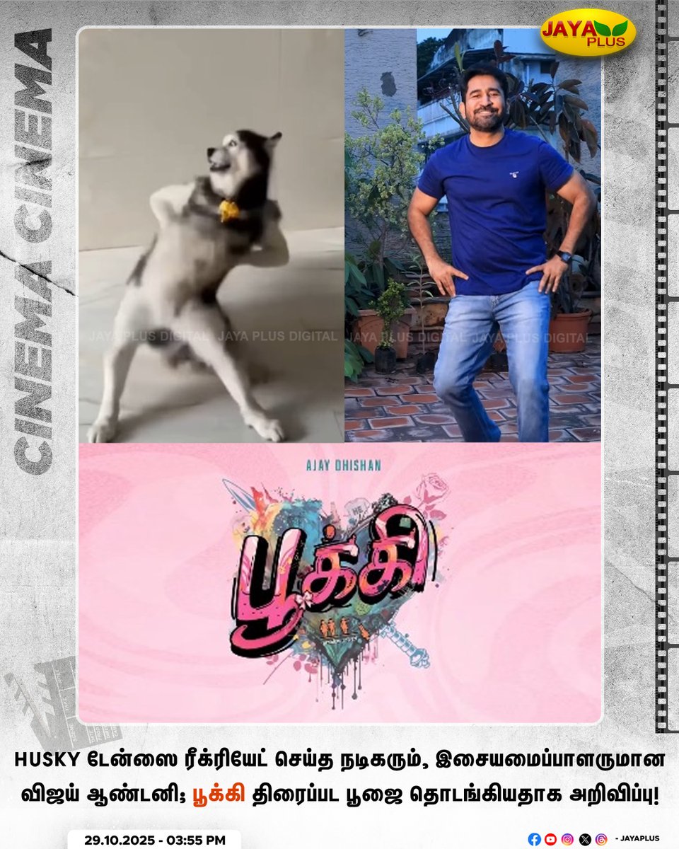 jayapluschannel's tweet photo. Husky டேன்ஸை ரீக்ரியேட் செய்த நடிகரும், இசையமைப்பாளருமான விஜய் ஆண்டனி; பூக்கி திரைப்பட பூஜை தொடங்கியதாக அறிவிப்பு!

#HuskyDance #ItsTrending #VijayAntony #pookie #JayaPlus https://t.co/AFcZ7XvjwL