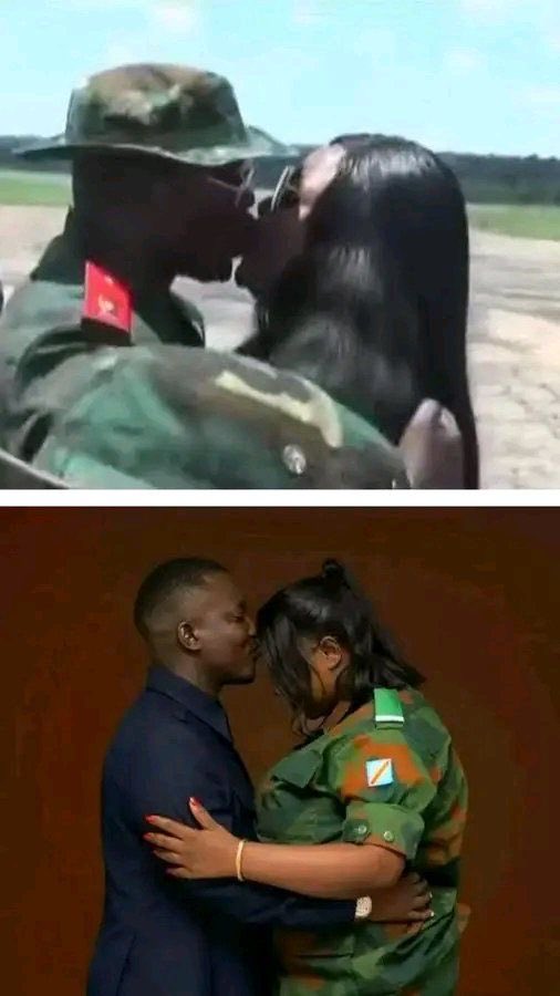 Sur l'image 1, il y a surprise, dans ce qui paraît être une scène d'accueil d'un officier... L'image 2 revêt un caractère intentionnel. L'officier, ayant préméditée son acte, elle l'a planifiée, organisée et s'est intentionnellement mise en scène usant de l'uniforme de l'armée.