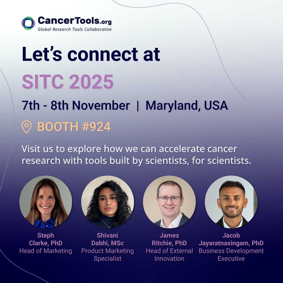 CancerToolsOrg's tweet image. We’re exhibiting at #SITC25! 🎉Join @CancerToolsOrg at the Society for Immunotherapy of Cancer Annual Meeting on Nov 7–8 at Booth #924 in National Harbor, MD 🇺🇸
Meet our team, explore researcher-developed tools, and discover how we’re driving cancer drug discovery.🔗…