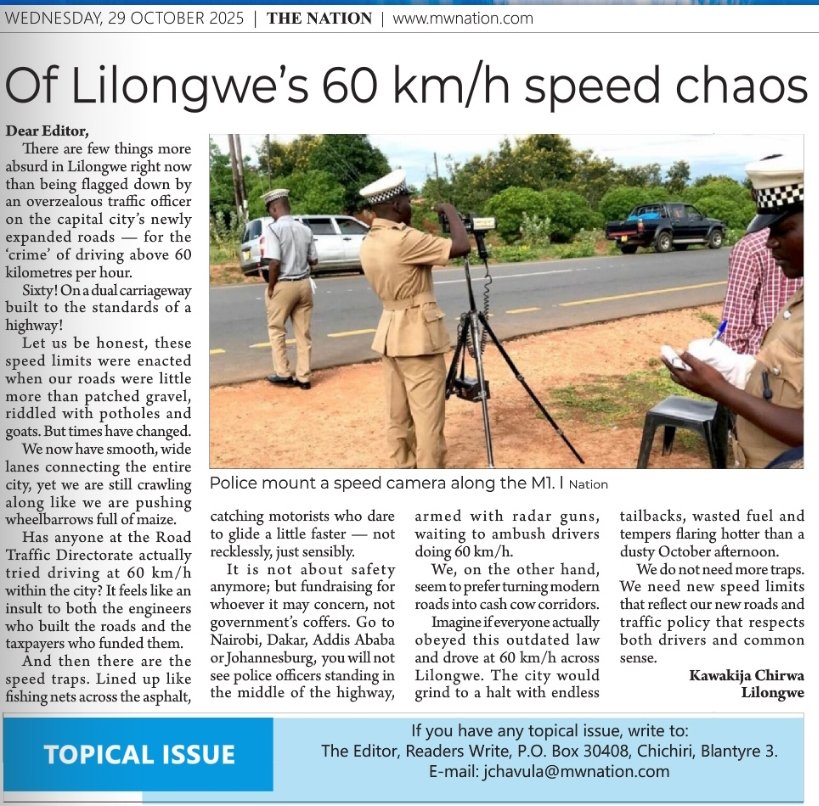 60 km/h on these new highways? That speed limit was invented long before we had tarred roads in #Malawi. Dear <a href="/ParliamentofMw/">Parliament of Malawi</a>, it's tme to upgrade the laws because these cops are milking people for merely trying to survive. Cc <a href="/MalawiGovt/">Malawi Government🇲🇼</a> <a href="/HumanMalawi/">Malawi Human Rights Resource Center</a> <a href="/HumanRightsMW/">Malawi Human Rights Commission</a> <a href="/chreaamalawi/">CHREAA</a>