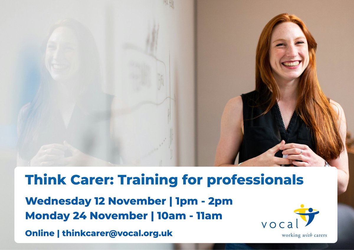 Do you work in health and social care, the third sector, or the public sector?

VOCAL offers free sessions for professionals in these areas, exploring who is a carer, the impact of caring, and how to support carers.

Find out more at our November sessions: ow.ly/PzEM50X7R2A