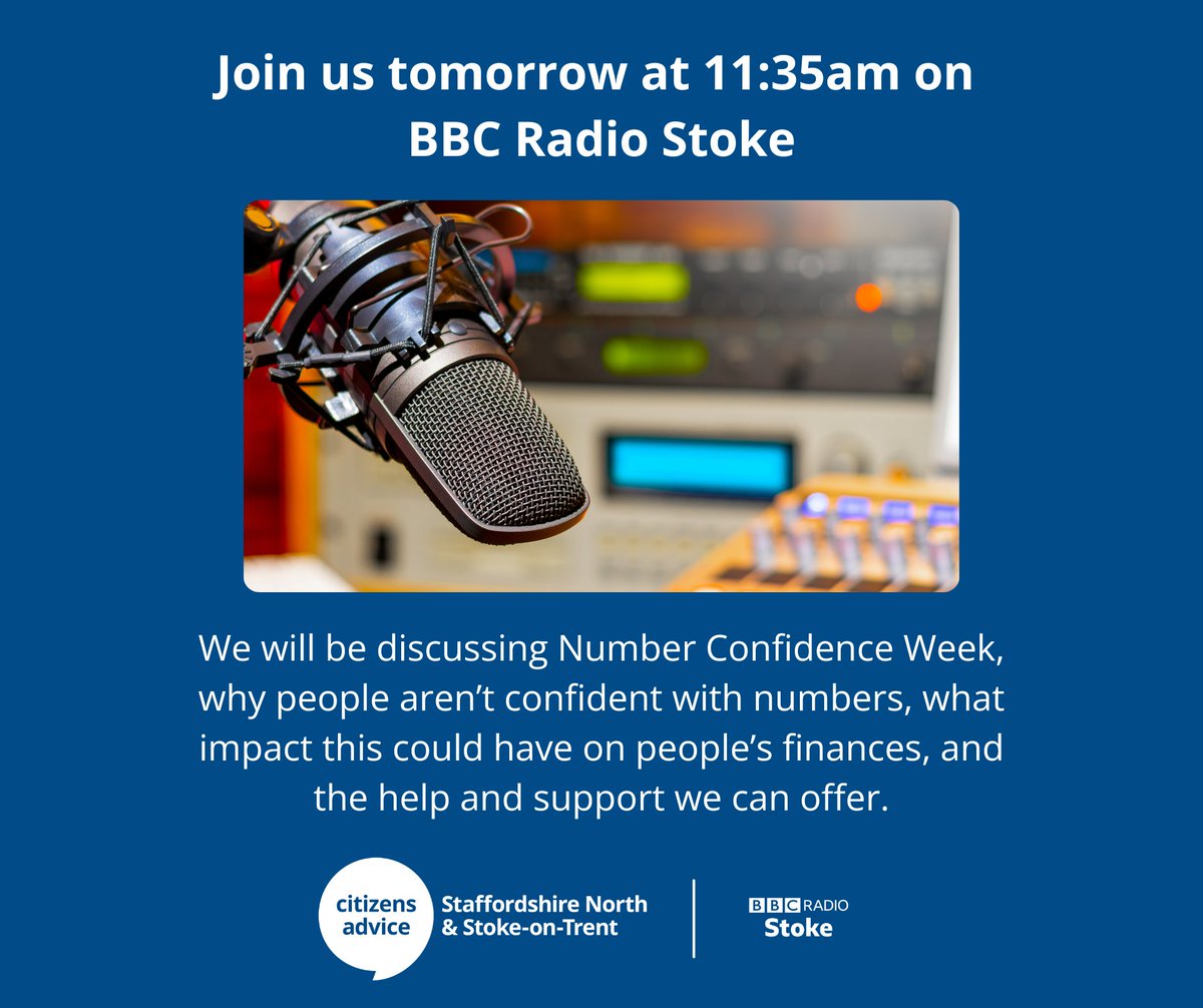 Citizens Advice Staffs North & S-oT (@sns_cab) on Twitter photo Tune into BBC Radio Stoke tomorrow at 11:35am to hear our Head of Money Advice, Katie Underwood talk about Number Confidence Week, why people arenโt confident with numbers, what impact this could have on peopleโs finances, and the help and support we can offer. Tune into BBC Radio Stoke tomorrow at 11:35am to hear our Head of Money Advice, Katie Underwood talk about Number Confidence Week, why people arenโt confident with numbers, what impact this could have on peopleโs finances, and the help and support we can offer.