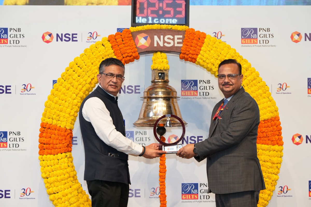 NSEIndia's tweet photo. Congratulations to PNB Gilts Limited on achieving the remarkable milestone of completing 25 years of being listed on @NSEIndia.

#NSEIndia #listing #StockMarket #ShareMarket #PNBGiltsLimited  #25yearsOfListing @ashishchauhan https://t.co/Mrx3BOCTJw
