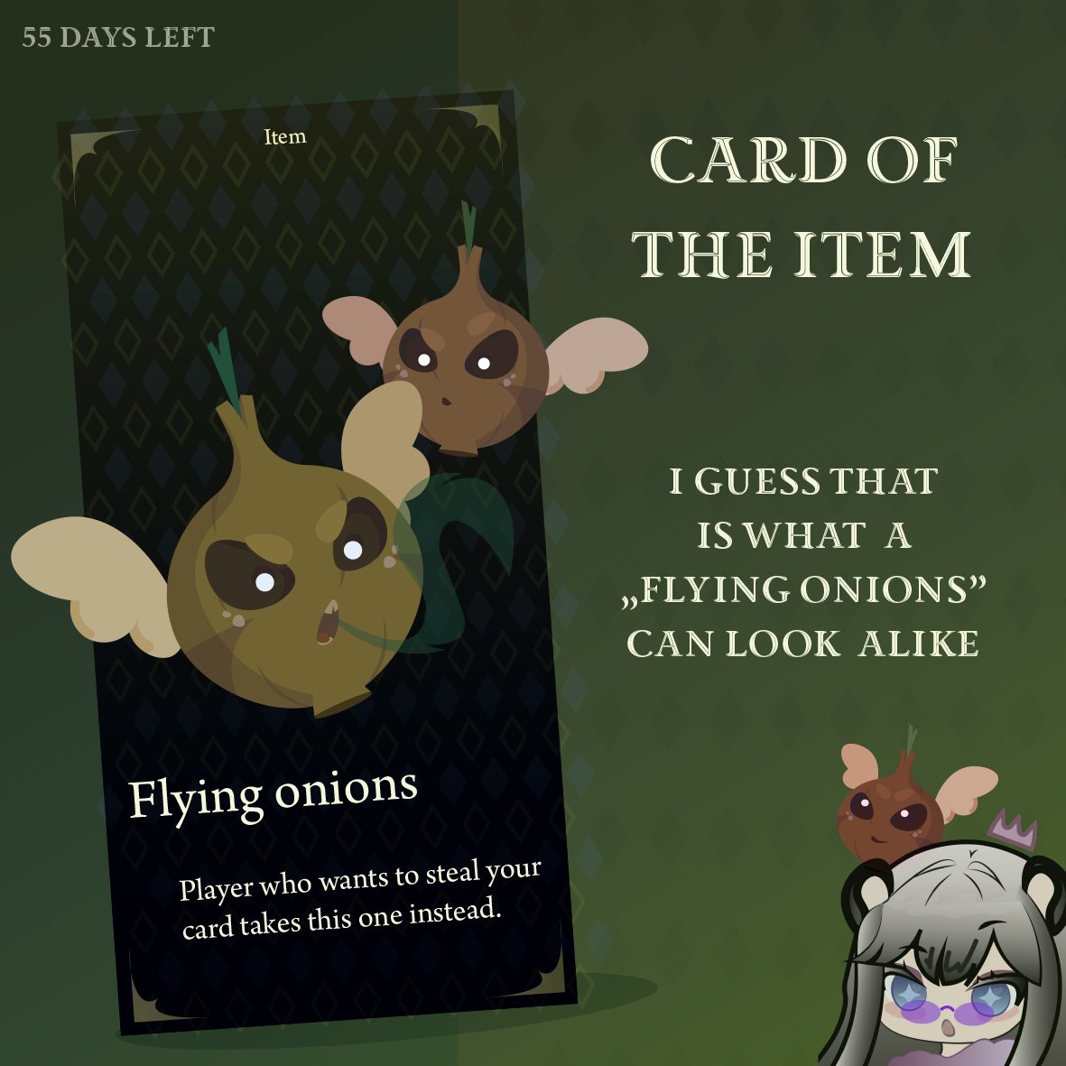 Ja_Chce_Chava's tweet image. Time is slowly tying my hands, slipping through my fingers. On the next stream, we’ll spend a lot of time working on the character cards, aiming to finish at least five of them. And here... here’s a special card made just for fun, by Invidi’s idea, the Flying Onions