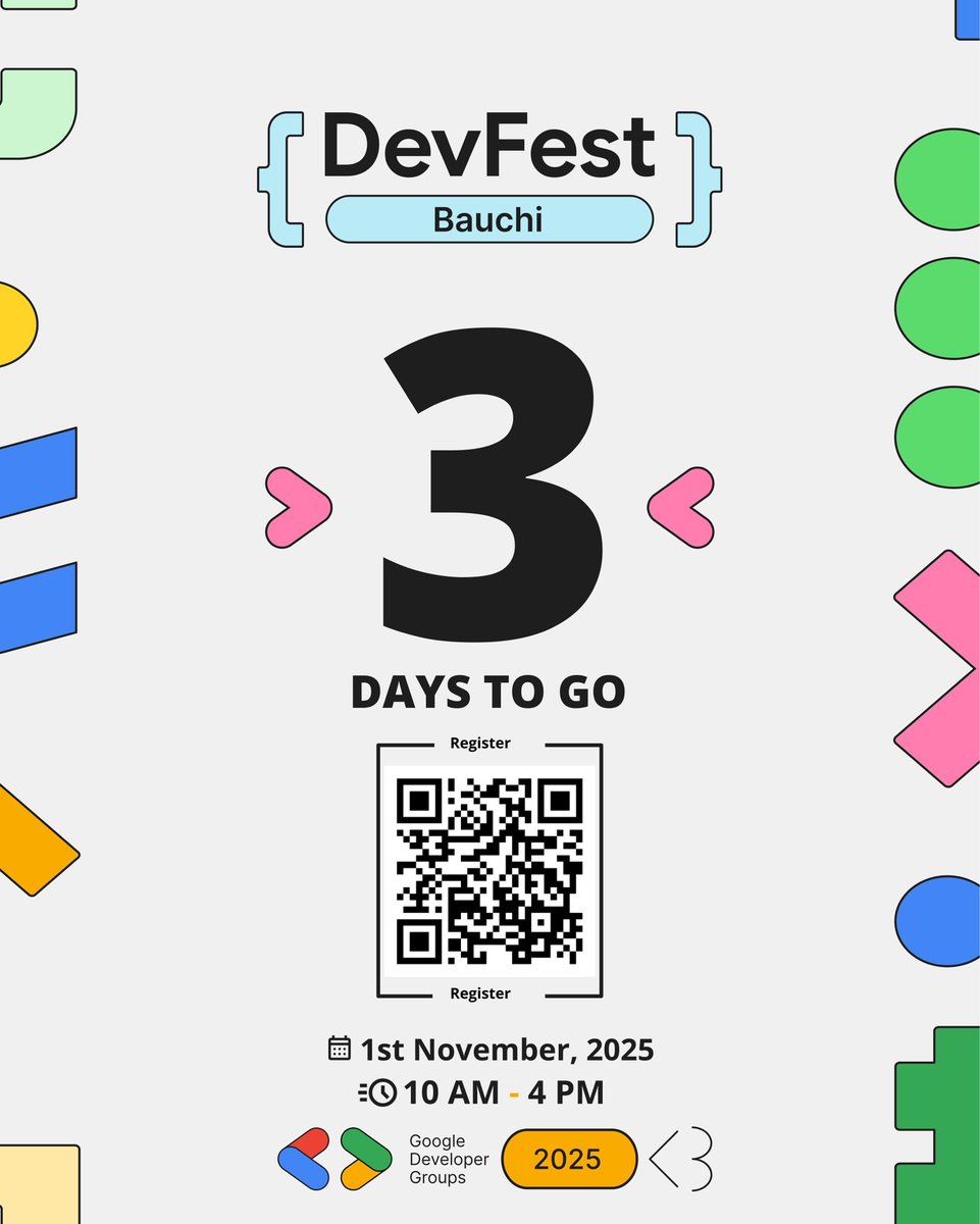 IT'S ALMOST HERE! 😱 Just 3 days until #DevFestBauchi 2025!
The excitement is real! We're so excited to host the entire Bauchi tech community. Are you ready for this? 🔥
#DevFest #Bauchi #GDG #DevFest2025 #GoogleDevelopers