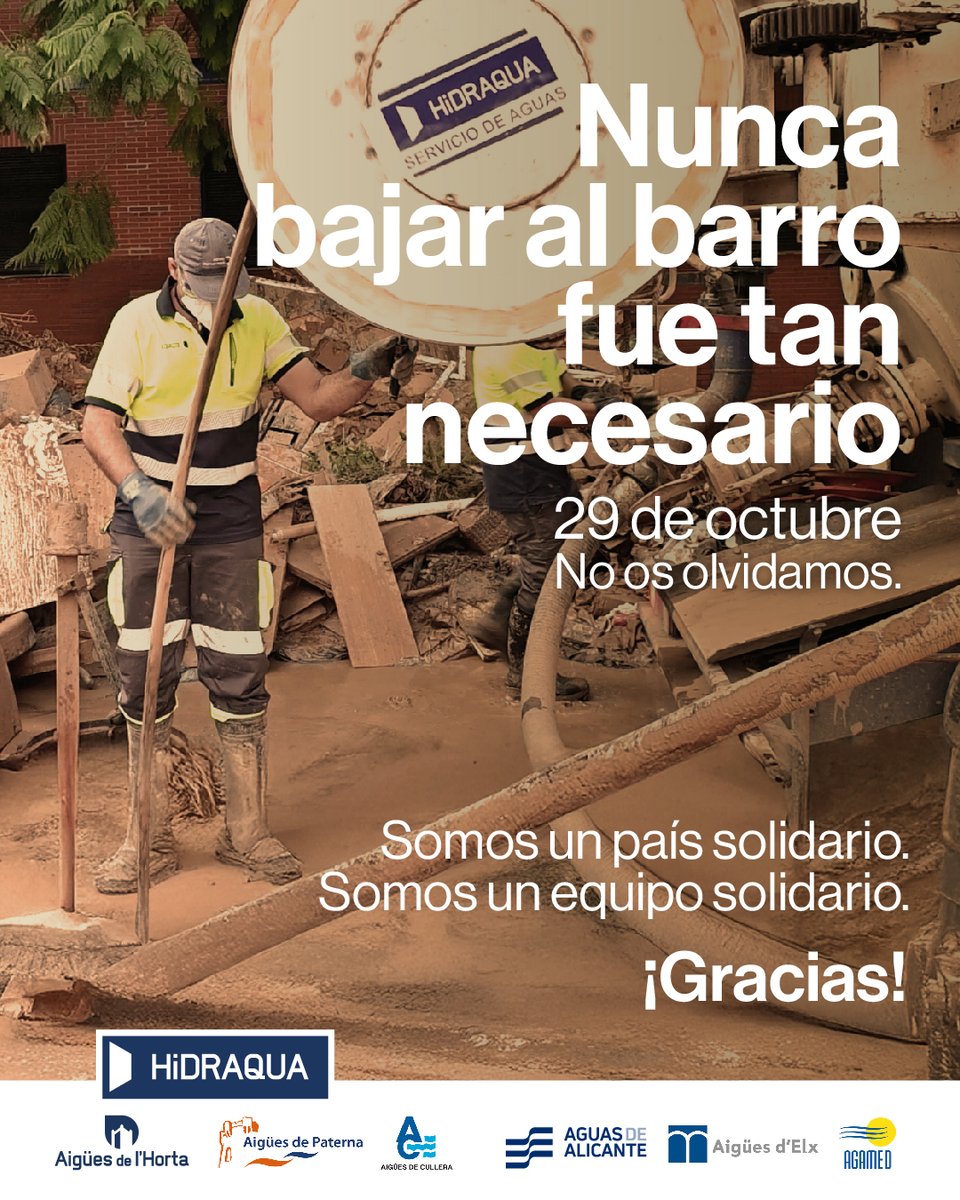 💧Hace un año, la DANA puso a prueba la fuerza y solidaridad de toda una comunidad. Nuestro recuerdo está con las víctimas.

Gracias a los equipos de @infoHIDRAQUA y <a href="/Veolia_Es/">Veolia | España</a> que trabajaron para restablecer el servicio y ayudar a quienes más lo necesitaban 💙.

#AgamedContigo