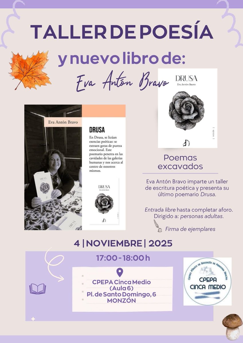 Como actividad previa del programa educativo "Poesía para llevar" en el que nuestro CPEPA está inscrito, el próximo martes 4 de noviembre a las 17:00vendrá a visitarnos EVA ANTÓN BRAVO.