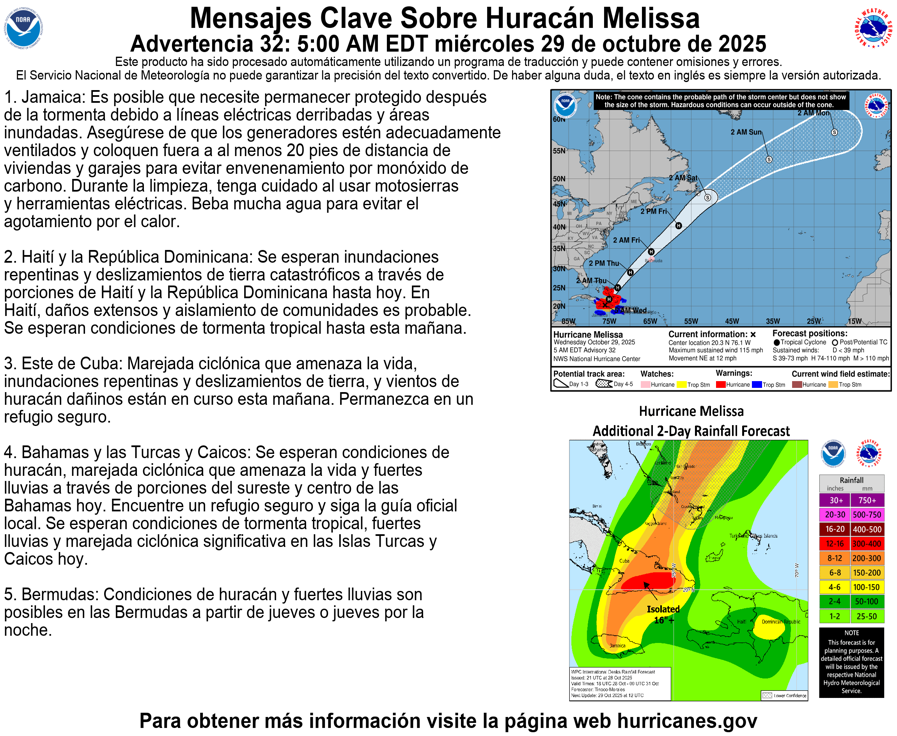 5am EDT Oct 29 Key Messages for #Hurricane #Melissa:

The Major Hurricane is now moving across E #Cuba &amp; will affect the #Bahamas and the Turks and Caicos today with Hurricane conditions. 

Latest info at hurricanes.gov