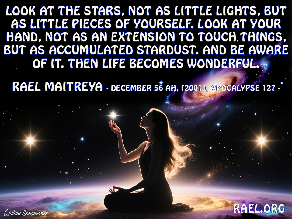 Look at the stars, not as little lights, but as little pieces of yourself. Look at your hand, not as an extension to touch things, but as accumulated stardust. And be aware of it. Then life becomes wonderful.  Rael Maitreya -  Apocalypse 127 - Rael.org