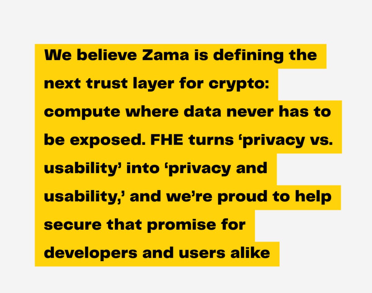 gZama 💛 <a href="/zama_fhe/">Zama</a> 

🇺🇸 "We believe Zama is defining the next trust layer for crypto: compute where data never has to be exposed. FHE turns 'privacy vs. usability' into 'privacy and usability,' and we're proud to help secure that promise for developers and users alike"

🇹🇷