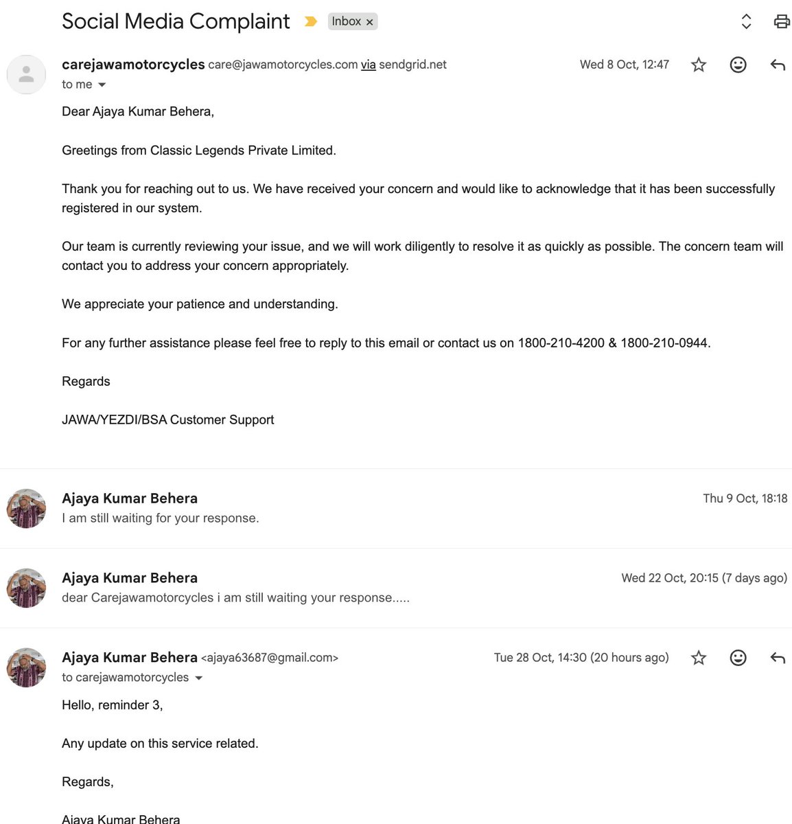 ajayanjoy's tweet photo. My new Yezdi bike still won’t start, and the service center hasn't fixed it. Despite paying for repairs, the issue persists. The Odisha Yezdi team hasn't responded to emails or messages. @yezdiforever @reach_anupam @ashishkjoshi @MahindraRise @Agarwal_sharad https://t.co/FO8h6iLq2X