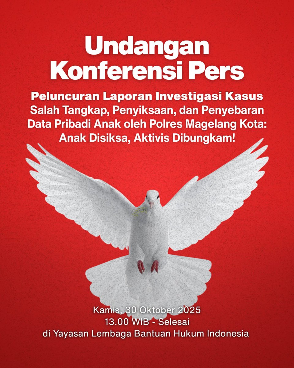 Undangan Liputan dan Konferensi Pers

Peluncuran Laporan Investigasi Kasus Salah Tangkap, Penyiksaan dan Penyebaran Data Pribadi 6 (enam) Anak yang Dilakukan oleh Polres Magelang Kota. 
Salam solidaritas!
Narahubung : 085954234287