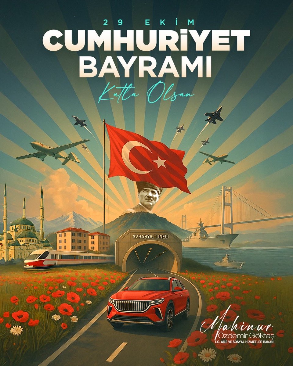 102 yıl önce büyük bir irade, azim ve inançla kurulan Cumhuriyetimizi Cumhurbaşkanımız Sn. <a href="/RTErdogan/">Recep Tayyip Erdoğan</a> liderliğinde, #TürkiyeYüzyılı vizyonumuzla geleceğe taşıyoruz.

Cumhuriyetin banisi Gazi Mustafa Kemal Atatürk'ü, silah arkadaşlarını ve millî mücadelemizin tüm kahramanlarını