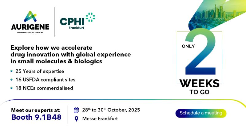 🌍 Just 2 weeks to go!
We’re headed to #CPHIFrankfurt — the global hub for #PharmaInnovation.
Meet #Aurigene at Booth 9.1B48 and explore how we’re accelerating drug discovery across small molecules &amp; biologics.
📅 Oct 28–30 | Messe Frankfurt
#DrugDevelopment #LifeSciences