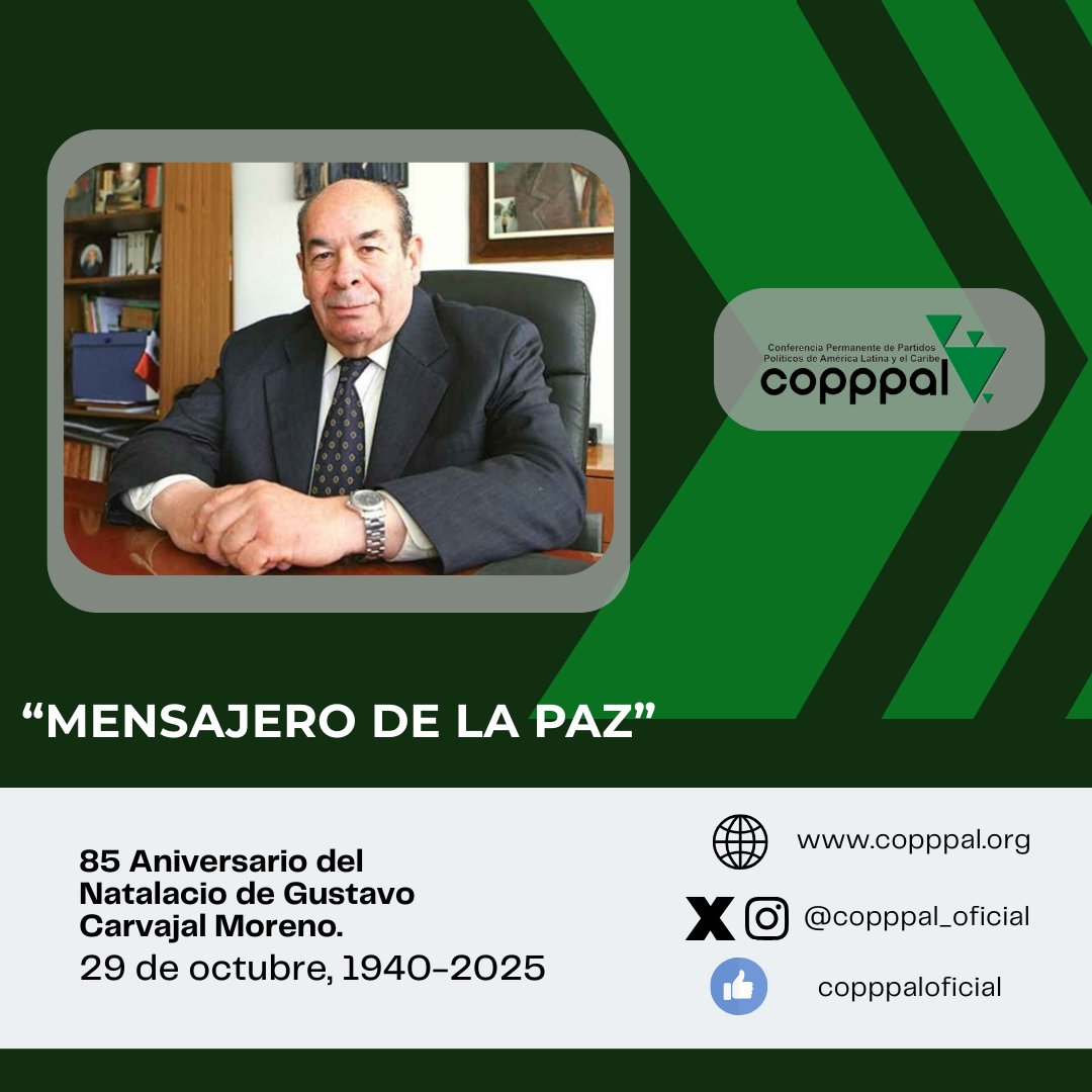 1/2 La <a href="/copppal_oficial/">copppal-oficial</a> honra hoy, 29 de octubre, el natalicio de Gustavo Carvajal Moreno, Presidente Fundador de nuestra organización y Mensajero de la Paz.

<a href="/alitomorenoc/">Alejandro Moreno</a> <a href="/sofiacarvajali/">Sofía Carvajal Isunza</a> <a href="/caroviggiano/">Carolina Viggiano</a>
