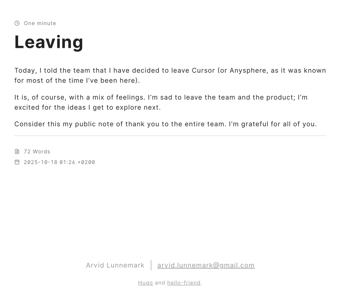 gitrecap's tweet image. One of Cursor&apos;s co-founders, Arvid Lunnemark, has announced his departure.

👀 It&apos;s difficult not to wonder given his past.

Is he going to launch the next unicorn in AI?