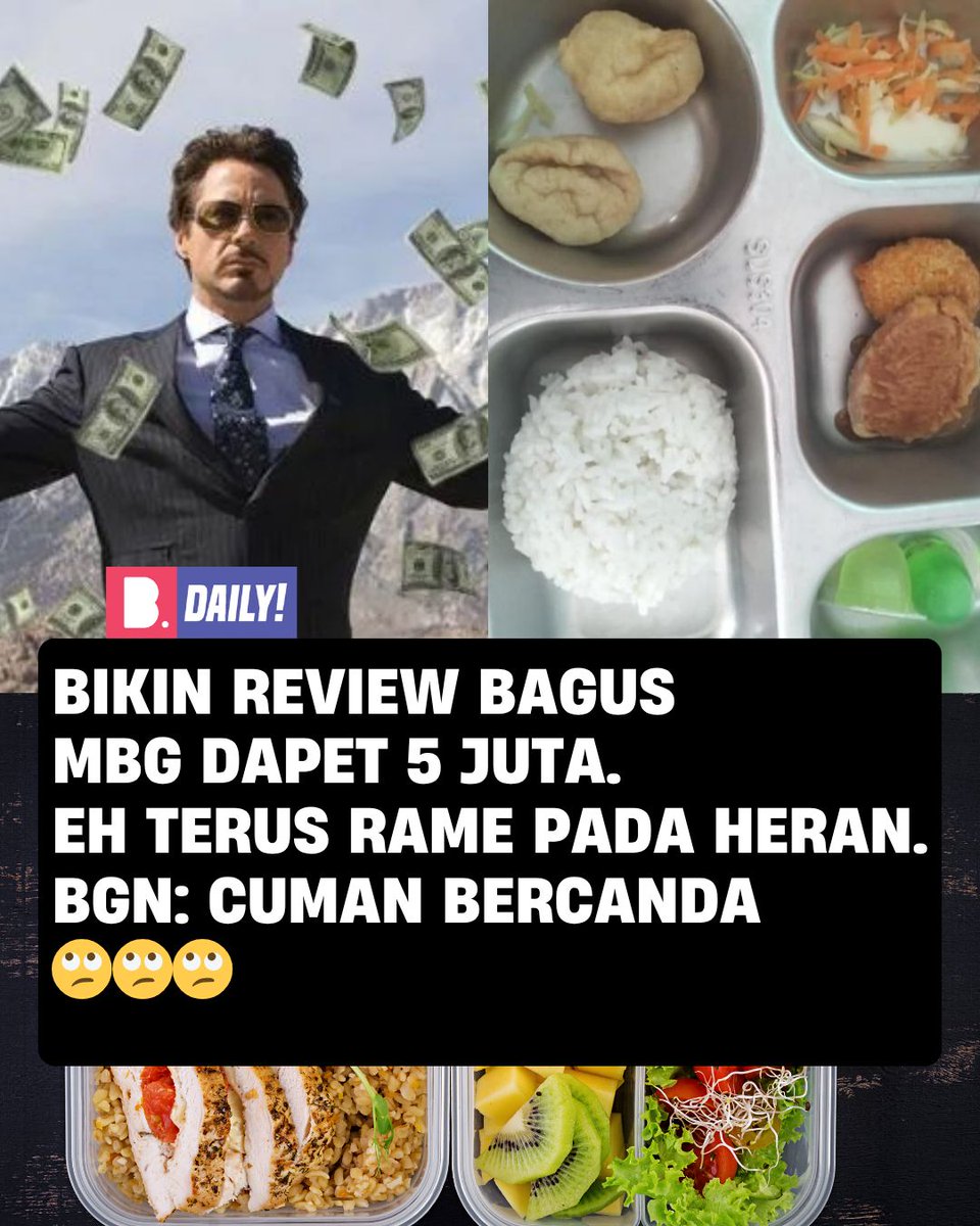 Wakil Kepala BGN tawarkan Rp5 juta untuk konten positif soal MBG, tapi dikritik karena dinilai lebih fokus citra-nya daripada perbaikan.

Usai dikritik, humas klarifikasi itu cuma bercanda tapi netizen bilang gak lucu &amp; gak peka.