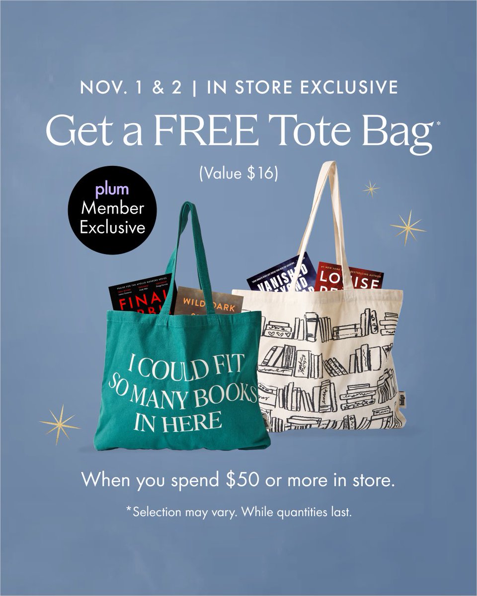 Your next book haul deserves a new #tote✨

plum Members: Get yours for FREE when you spend $50+ in store on Saturday, November 1st &amp; Sunday, November 2nd. 

indigo.ca/en-ca/events/#… 

#plum #membership #loyaltycard #tbr #bookhaul