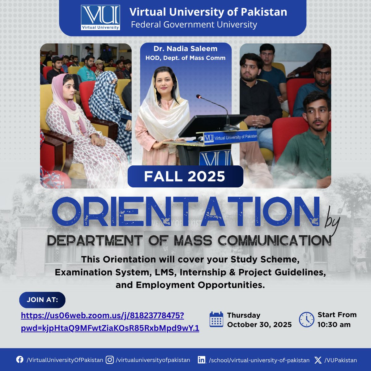 VUPakistan's tweet image. 𝐑𝐞𝐚𝐝𝐲 𝐭𝐨 𝐤𝐢𝐜𝐤𝐬𝐭𝐚𝐫𝐭 𝐲𝐨𝐮𝐫 𝐜𝐚𝐫𝐞𝐞𝐫 𝐢𝐧 𝐌𝐚𝐬𝐬 𝐂𝐨𝐦𝐦? 𝐃𝐨𝐧'𝐭 𝐦𝐢𝐬𝐬 𝐭𝐡𝐞 𝐞𝐬𝐬𝐞𝐧𝐭𝐢𝐚𝐥 𝐅𝐀𝐋𝐋 𝟐𝟎𝟐𝟓 𝐎𝐫𝐢𝐞𝐧𝐭𝐚𝐭𝐢𝐨𝐧!

Join via Zoom: us06web.zoom.us/j/81823778475?…
Passcode:07137357

#MassCommVU #Orientation2025 #VirtualUniversity