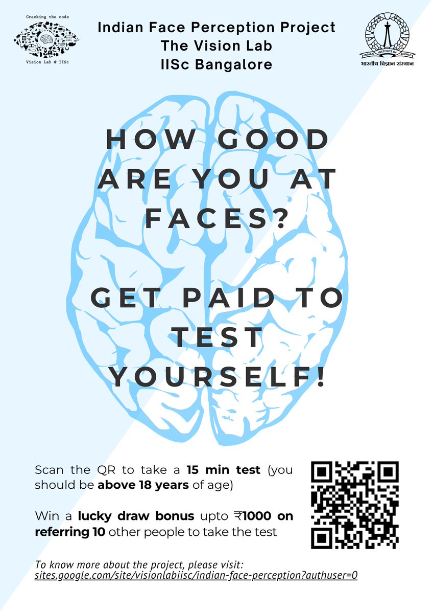 Mohite_Vaish's tweet image. How good are you at recognizing faces? 🤔
Take a 15-min test by @IIScBangalore. It’s fun, quick &amp;amp; you get paid! 💸
Bonus: Win up to ₹1000 for referrals.
🔗 sites.google.com/site/visionlab…
(Indian Nationals, 18+)
#ScienceForEveryone #CognitiveScience #IISc