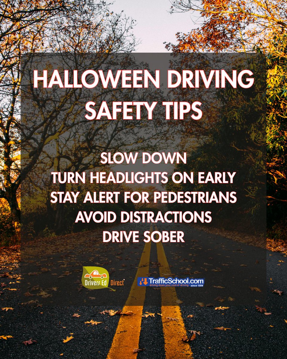 DriversEdDirect's tweet image. With Halloween just around the corner, it’s a good time for a quick safety check:

✅ Slow down — traffic may be heavier than usual
✅ Turn headlights on early
✅ Watch for pedestrians
✅ Keep your focus on the road
✅ Don’t drive impaired

Simple habits make a big difference!