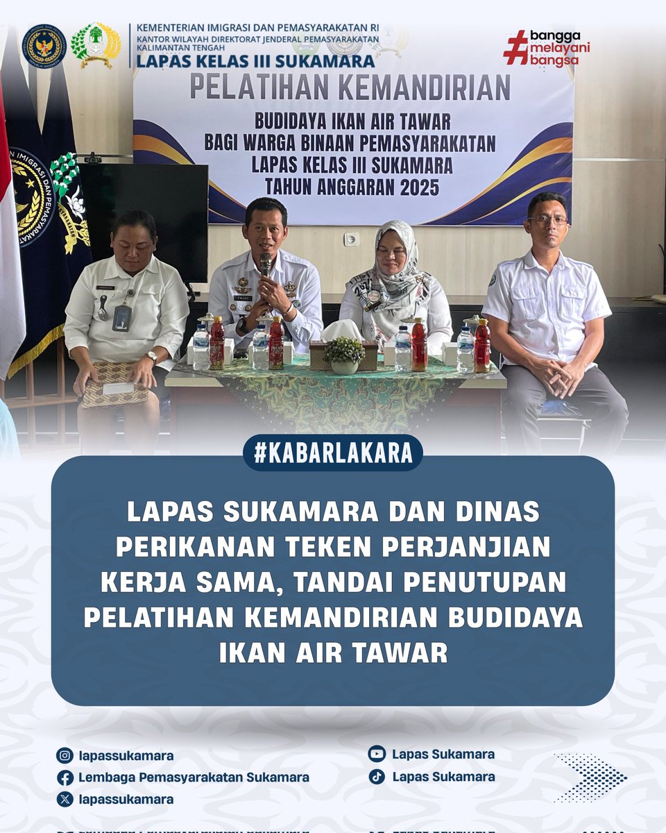 lapassukamara's tweet photo. Lapas Sukamara dan Dinas Perikanan Teken Perjanjian Kerja Sama, Tandai Penutupan Pelatihan Kemandirian Budidaya Ikan Air Tawar
#kemenimipas
#lapassukamara
#kabarlakara
#Ditjenpas
#pemasyarakatan
#guardandguide
#DitjenpasKalteng
#IPutuMurdiana
#infoimipas https://t.co/wiFaCYK7H8