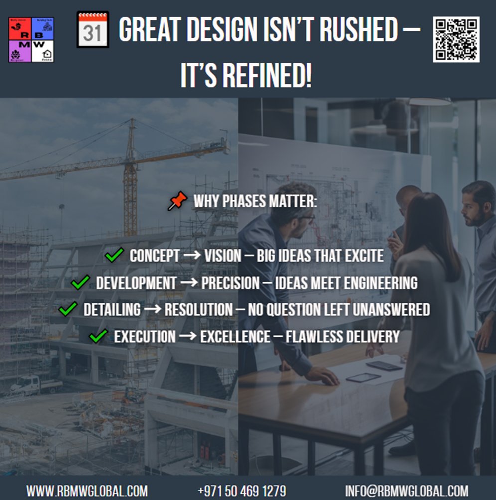 RBMWGlobal's tweet image. 🗓️ Great Design Isn’t Rushed—It’s Refined
Every phase matters:
💡 Concept → Vision
📐 Development → Precision
🧩 Detailing → Clarity
🏗️ Execution → Excellence
Skip steps, lose quality. Trust the process.
#DesignProcess #ArchitectureWorkflow #RBMWGlobal