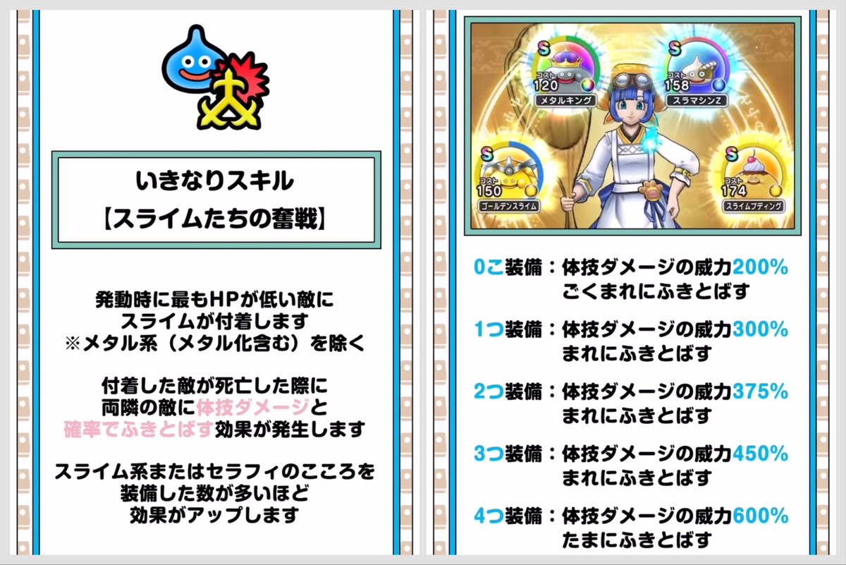 【肉球印の大しゃもじ】
新しい魔界の香水向きな武器！

▼まごころフルバースト
・全体780%体技
・熟睡を不要(ごく稀に耐性無視)
・味方全体の幻惑解除

▼熟睡
・眠りの上位互換
・守備力50%低下
・付与されたターン中は攻撃を受けても起きない
→物理火力アップ効果が偉い

▼いきなり