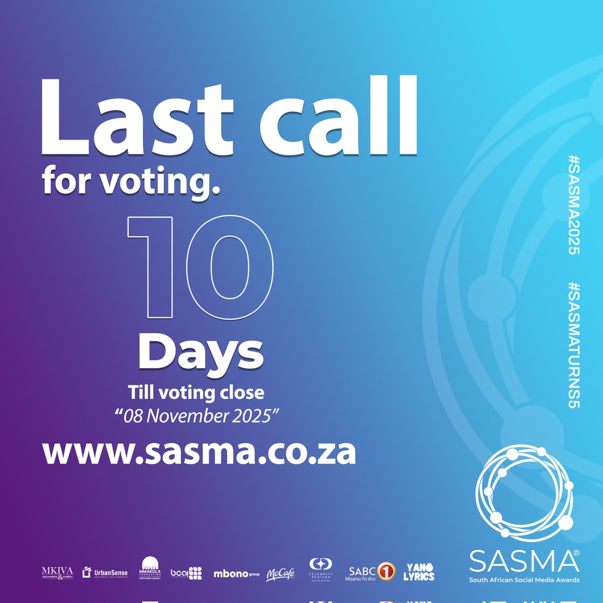 SMAWARDS_ZA's tweet image. ⏰ It’s the final countdown! Only 10 days left to make your votes count! 🚨
Head to sasma.co.za and vote for your favorite creators before 8 November 2025.
Let’s celebrate the Kings and Queens of Mzansi! 👑
#SASMA2025 #SASMATURNS5
