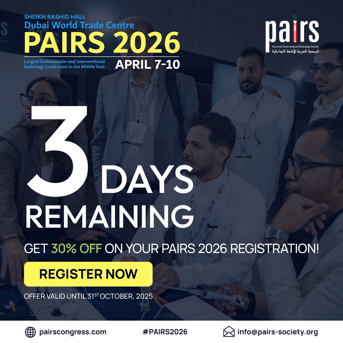 🚨Just 3 Days Left to Save 30%! 

The clock is ticking and your chance to enjoy 30% OFF registration for PAIRS 2026 ends soon!

🐦Use code EARLYBIRD30 at checkout
📅Offer ends 31 October 2025

🔗Register Now: pairscongress.com/register

#PAIRS2026 #InterventionalRadiology