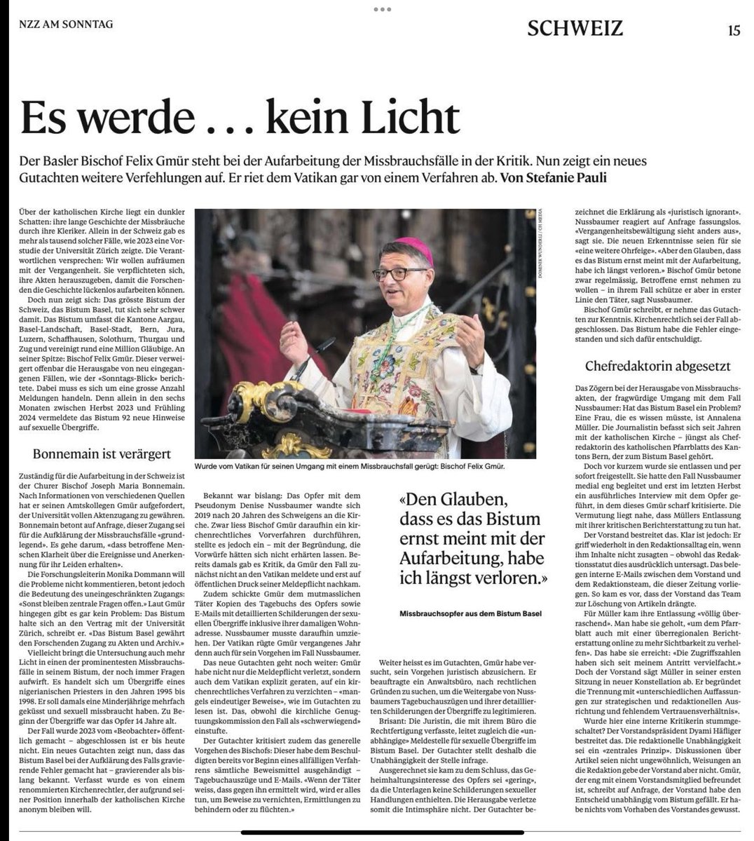 Quelle: NZZ am Sonntag, 8. Juni 2025 / Stefanie Pauli
#Basel #bischof #FelixGmür #Missbrauch #Kirche #katholisch #Pädophile #Sexualstraftäter #Vatikan