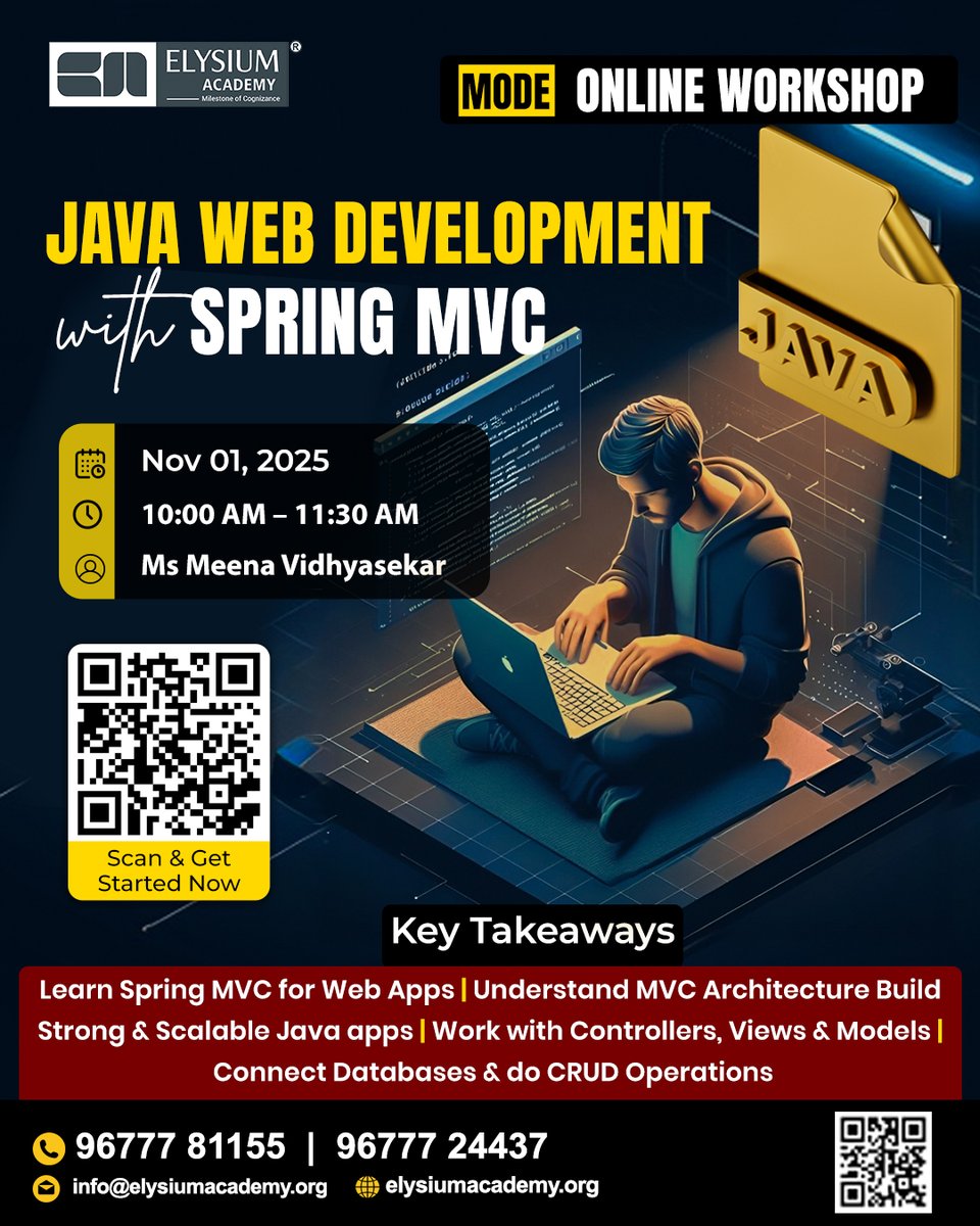 elysiumacademy's tweet image. Java Web Development Online Workshop  
🔗 Join Now: erp.elysium.academy/event_qr/NDg=
#elysiumacademy #elysiumacademy #javaworkshop #springmvc #javawebdevelopment  #javatraining #webdevelopment #codingcareer   #programmingcourse #techskills #onlineworkshop #careerready #codingjourney