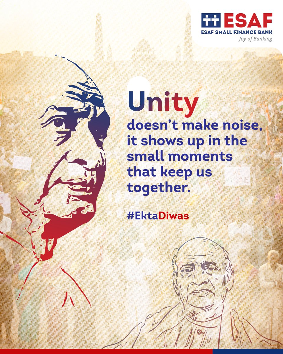 On this Ekta Diwas, we honour Sardar Vallabhbhai Patel, whose quiet resolve built one nation from many hearts.

At ESAF, we strive to keep that unity alive —
in the kindness we share, and in the faith we place in one another every day.
#EktaDiwas #TogetherWeGrow #OneIndiaOneHeart