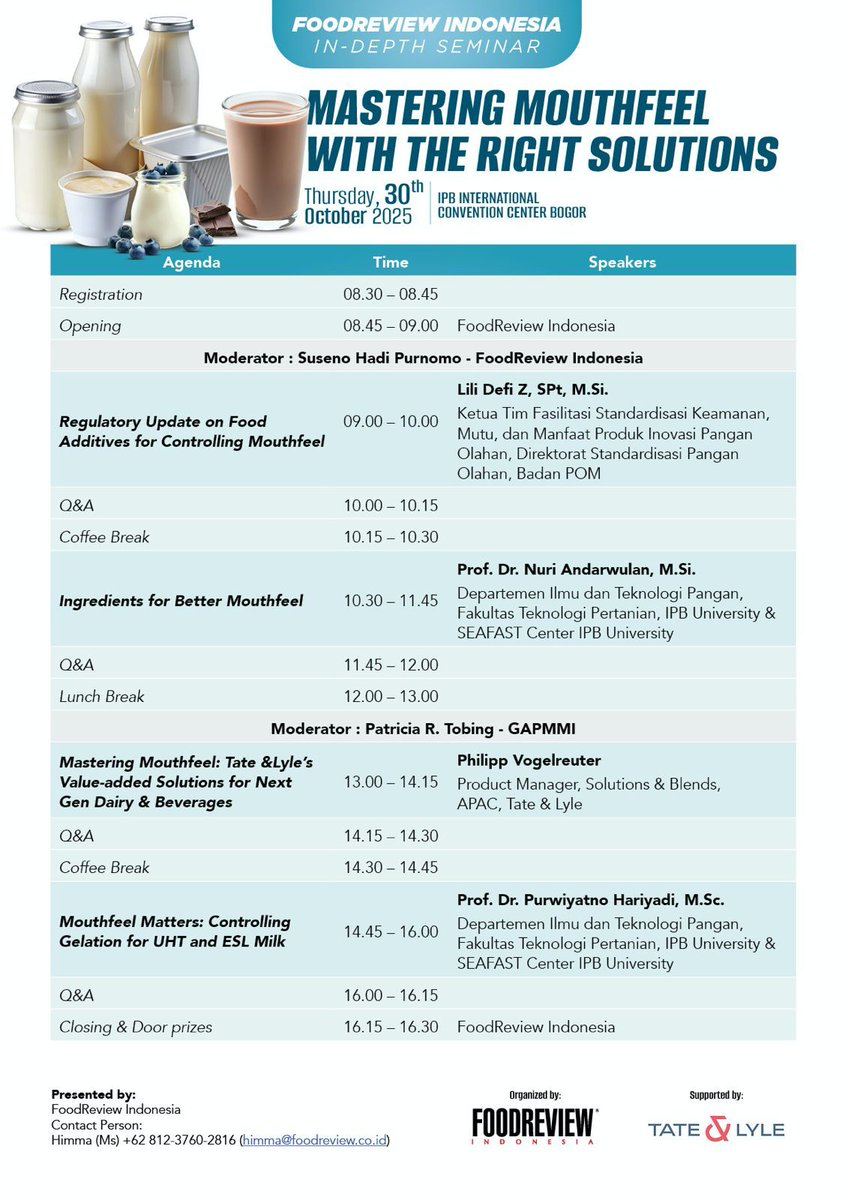 phariyadi's tweet photo. Happening tomorrow 30/10 /2025 
#Mouthfeel bukan sekadar aspek sensori, melainkan cermin dari stabilitas fisikokimia susu.
Perubahan mouthfeel — terutama meningkatnya kekentalan berlebih — adalah tanda awal degradasi struktur protein, #endofshelflife. https://t.co/U5vxZcJeuZ